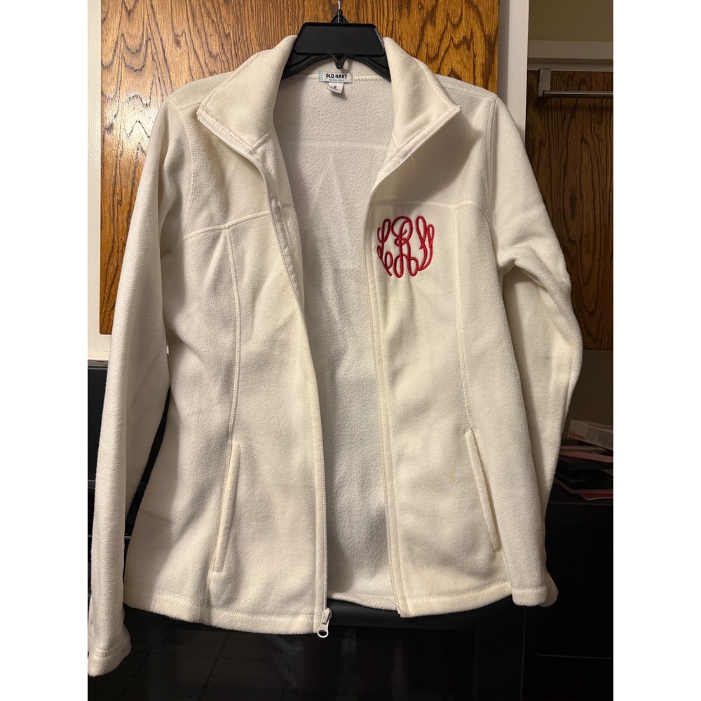 Old Navy Womens Cream Full Zip Fleece Jacket Monogrammed LRS‎ White Size Medium